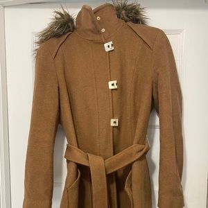 Calvin Klein wool camel coat fur hood 10